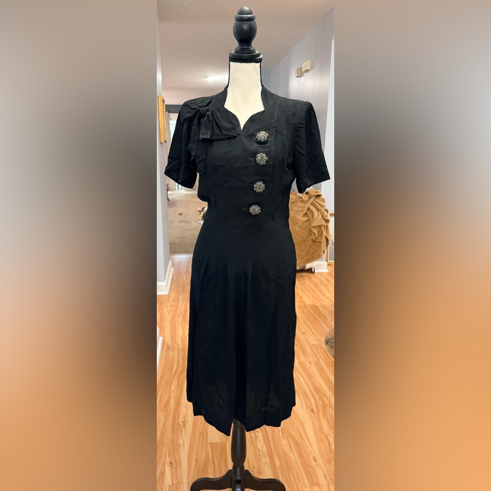 Amazing Vintage 1940’s Black Rayon Dress W/Rhinestone Buttons and Pleated Skirt!